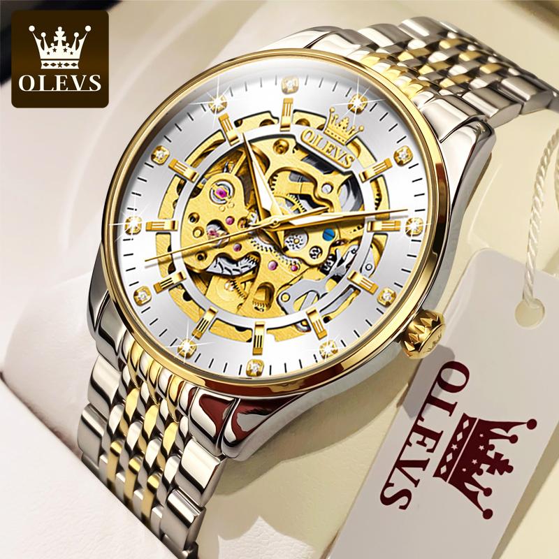 OLEVS Men's Watches Luxury Gold Skeleton Automatic Mechanical Wrist Watch for Man Waterproof Stainless Steel Luminous Business