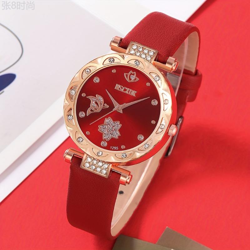 3pcs set Red Round Quartz Watch PU Leather Strap Alloy Pointer Alloy Case And Wallet Glasses Gift For Women