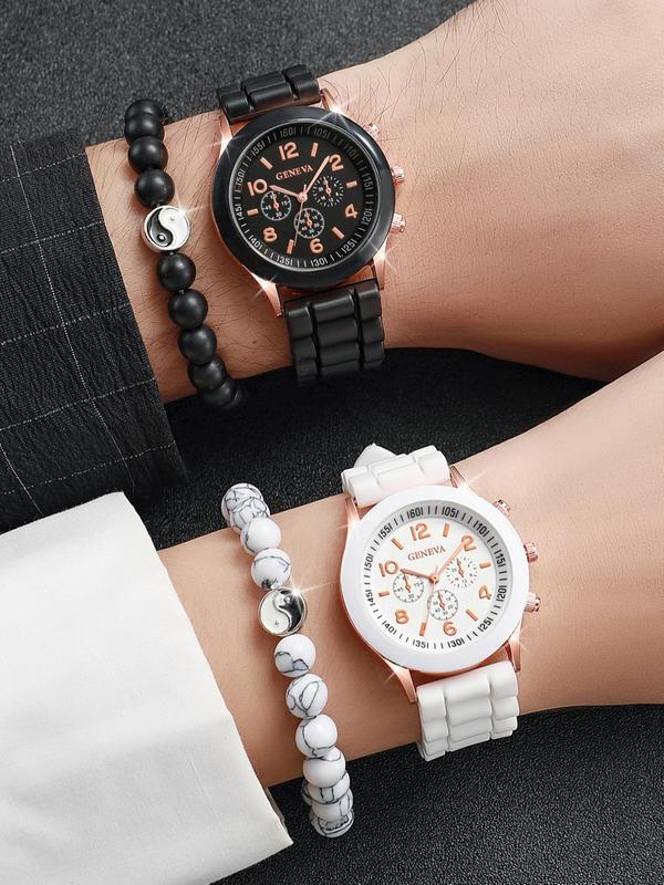 Round Dial Pu Leather Strap Analog Quartz Watch (4pcs), with Beaded Bracelet Set, without Box, Fashion Watch Set for Party, Daily Clothing Decor, Trendy All-match & Exquisite Watch Set for Gift