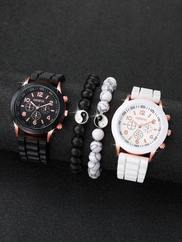 Round Dial Pu Leather Strap Analog Quartz Watch (4pcs), with Beaded Bracelet Set, without Box, Fashion Watch Set for Party, Daily Clothing Decor, Trendy All-match & Exquisite Watch Set for Gift