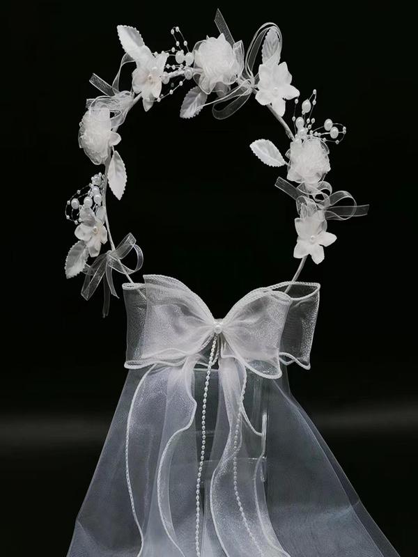 Mesh Bridal Veil with Flower and Faux Pearls Decor, Elegant Bowknot Design Veil for Wedding Bridal Party Formal Occasions