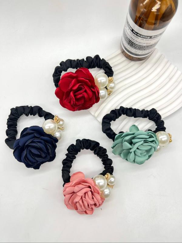 4pcs Faux Pearl & Rose Decor Hair Tie, Elegant Flower Design Hair Tie for Women & Girls for Daily Clothing Decor, Minimalist Headwear Suitable for Thick Hair, High Elastic Ponytail Holder