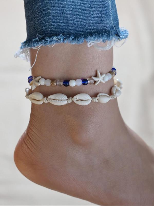 Boho Style Shell & Starfish Decor Beaded Anklet, Fashionable Beaded Anklet for Women & Girls, Trendy All-match & Exquisite Jewelry for Birthday Gift