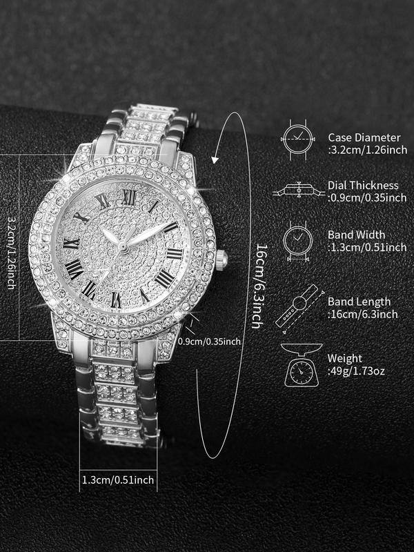 6counts set Women's Rhinestone Decorated Quartz Watch & Jewelry Set for Gift, Rhinestone Decorated Bracelet, Earrings, Ring & Pendant Necklace, Gift without Box