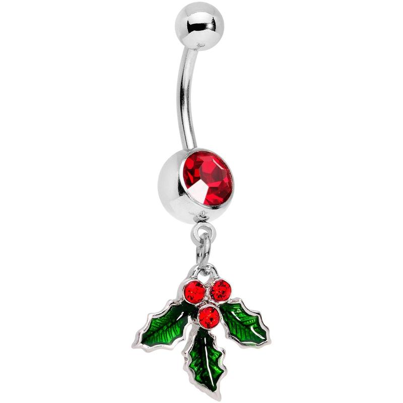 Red Gem Holiday Hangout Holly Leaves Dangle Belly Ring