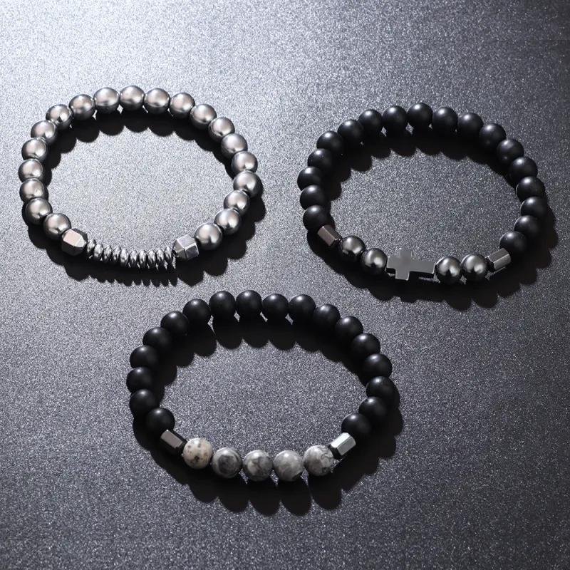 Sports Bracelet 1 set Classic Cross Pendant Matte Bead for Men Father Husband Cross Weight Dumbbell Bracelet Natural Stone Stainless Steel Bracelet