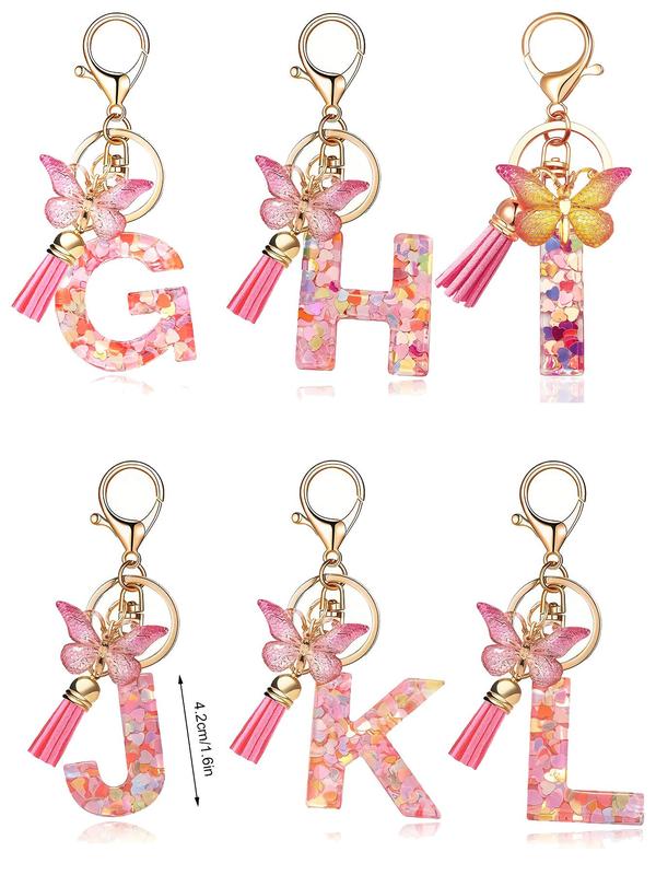 Initials Letter Design Keychain, Cute Butterfly & Tassel Decor Keychain for Women & Girls, Fashion Accessories for Bag & Car Key Decoration