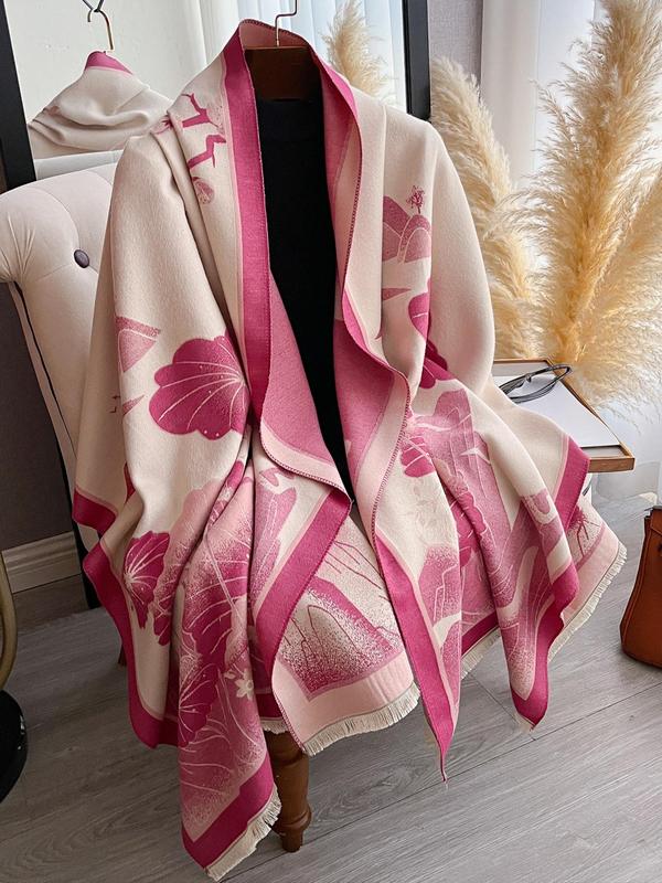 Women's Lotus Flowers & Leaves Pattern Thick Double-sided Shawl, Casual Soft Warm Scarf for Fall & Winter, Fashion Accessories for Women & Girls