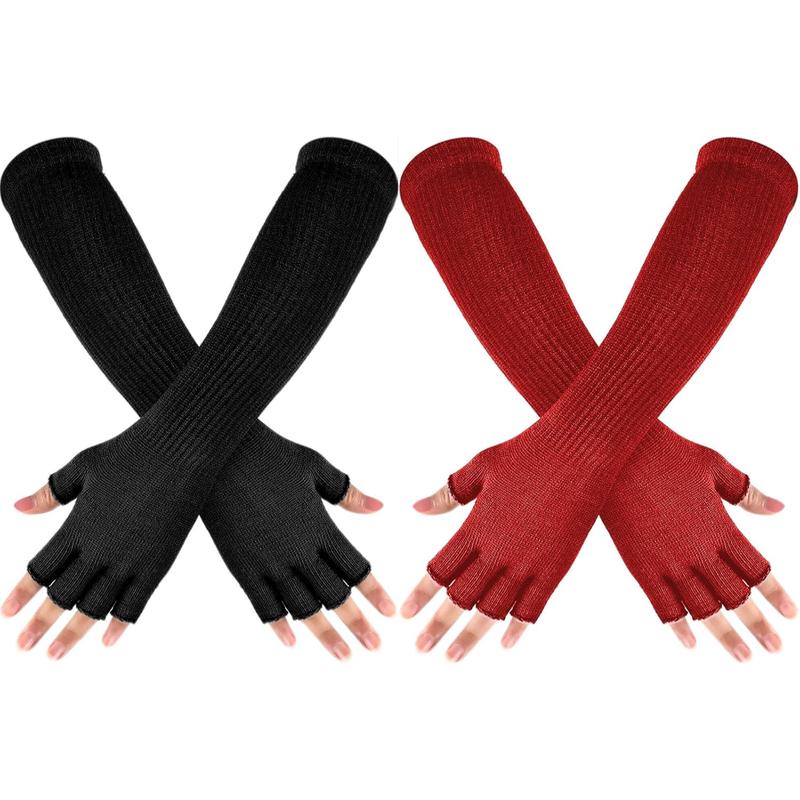 2 Pairs Winter Fingerless Gloves Long Thermal Knitted Mittens Stretchy Arm Warmers Half Finger Gloves for Men Women, 11 Inch