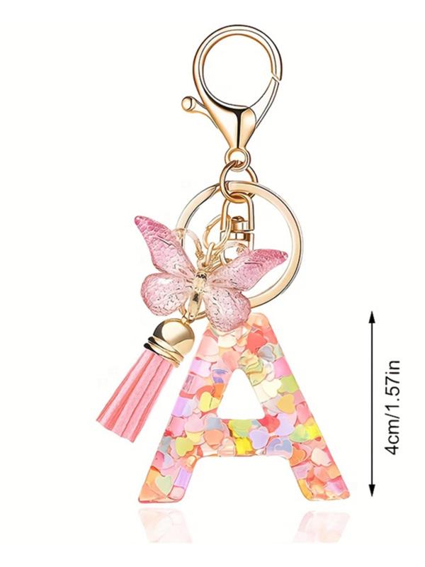 Initials Letter Design Keychain, Cute Butterfly & Tassel Decor Keychain for Women & Girls, Fashion Accessories for Bag & Car Key Decoration