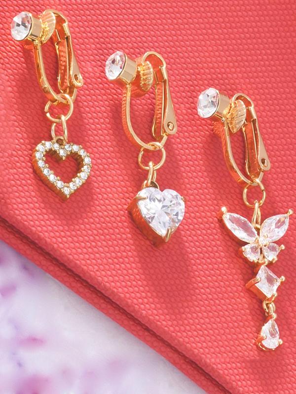 Women's Cute Rhinestone Decor Fake Belly Rings, 3pcs set Butterfly & Heart Design Belly Jewelry without Piercing, Fashionable Body Jewelry for Women & Girls As Birthday Gift