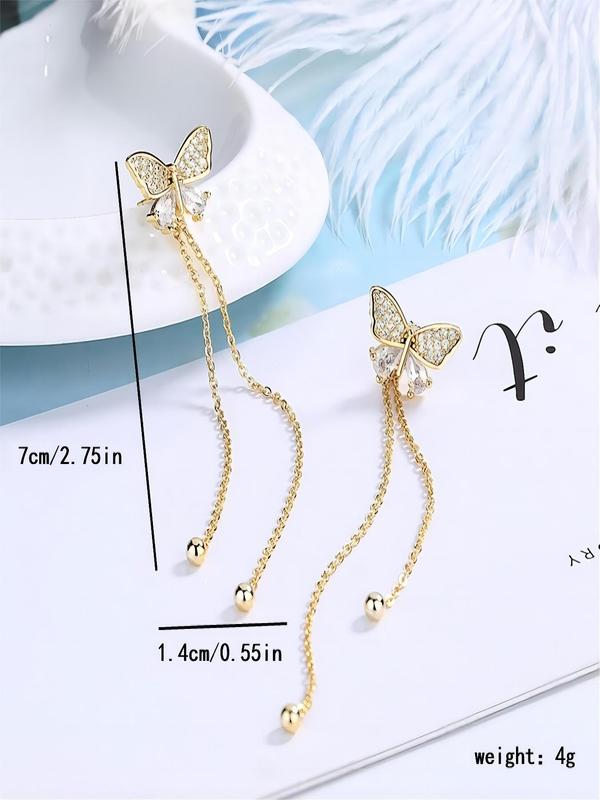 1 Pair Fashion Elegant Rhinestone Decorated Butterfly Design Tassel Dangle Earrings, Casual Jewelry for Party, Daily Clothing Decor