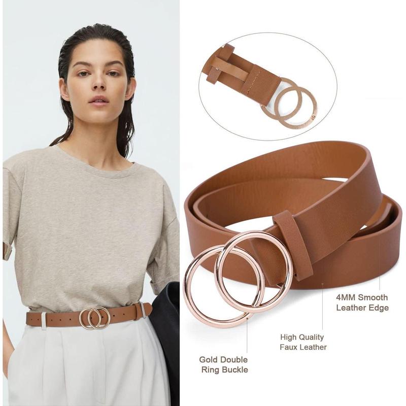 2 count Women Leather Belts Faux Leather Jeans Belt with Double O Ring Buckle