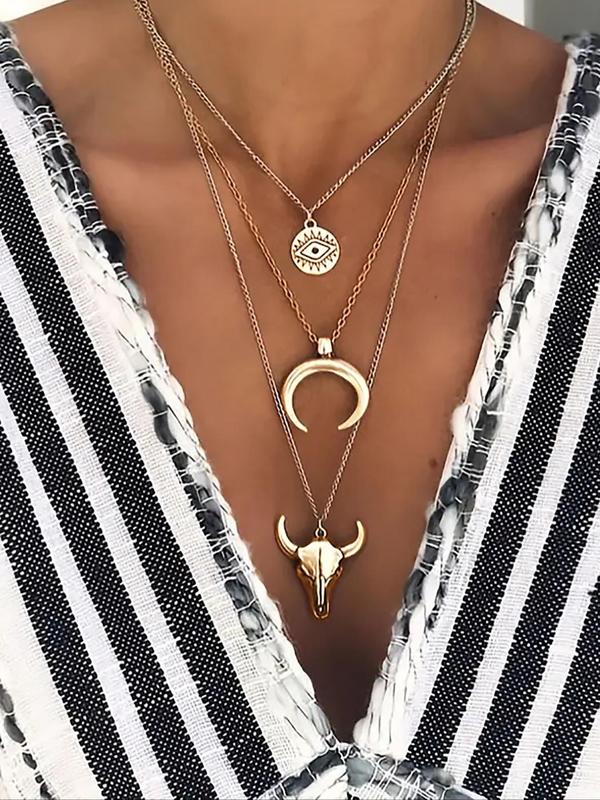 Vintage Moon & Eye Design Pendant Necklace, Boho Style Animal & Cow Head Design Layered Necklace, Fashion Accessories for Women & Girls