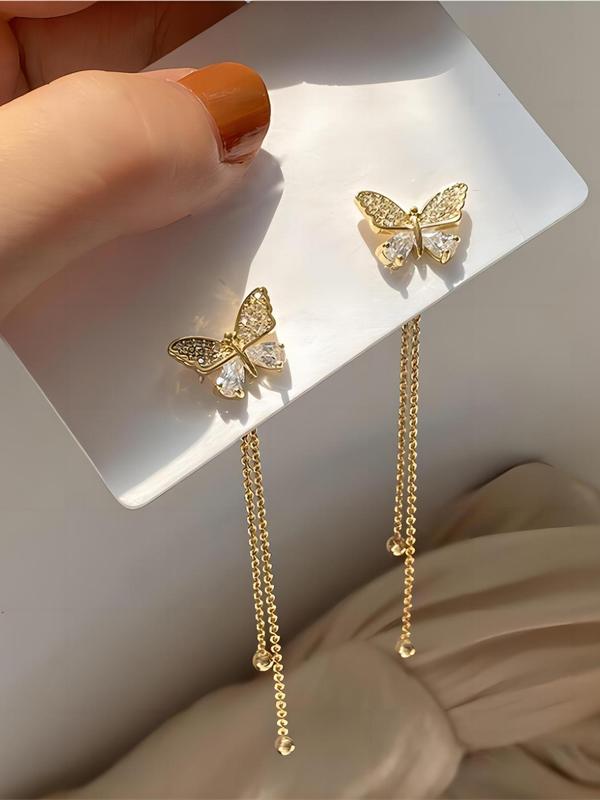 1 Pair Fashion Elegant Rhinestone Decorated Butterfly Design Tassel Dangle Earrings, Casual Jewelry for Party, Daily Clothing Decor