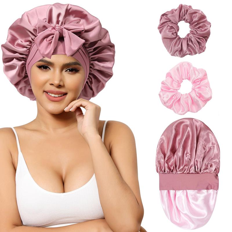 AWAYTR Reversible Satin Bonnet for Sleeping Women Double Layer Hair Bonnet with 2PCS Hair Scrunchies Elastic Tie Band Night Cap