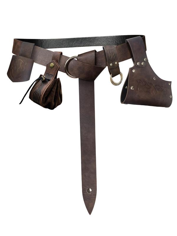 Set Of Accessories for Medieval Belt, Set Of 6 Pieces, Includes Skirt Clip, Designer Dagger Cover, Horn Cup Cover, Vintage Leather Belt, Small Bag for Ren Faire Event