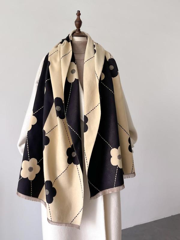 Floral Pattern Long Shawl, Casual Versatile Warm Shawl for Fall & Winter, Fashion Accessories for Women & Men