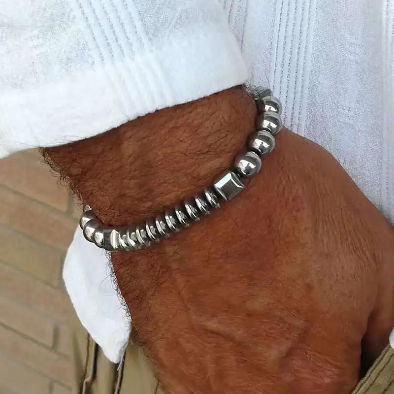 Sports Bracelet 1 set Classic Cross Pendant Matte Bead for Men Father Husband Cross Weight Dumbbell Bracelet Natural Stone Stainless Steel Bracelet