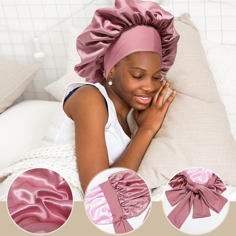 AWAYTR Reversible Satin Bonnet for Sleeping Women Double Layer Hair Bonnet with 2PCS Hair Scrunchies Elastic Tie Band Night Cap