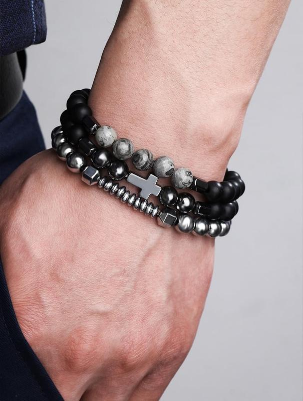 Sports Bracelet 1 set Classic Cross Pendant Matte Bead for Men Father Husband Cross Weight Dumbbell Bracelet Natural Stone Stainless Steel Bracelet