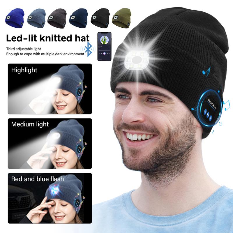 Bluetooth Hat, Beanie Hat with Light, Unisex USB Rechargeable Headlamp Winter Knitted Cap Gifts for Men Dad Husband Him, Black