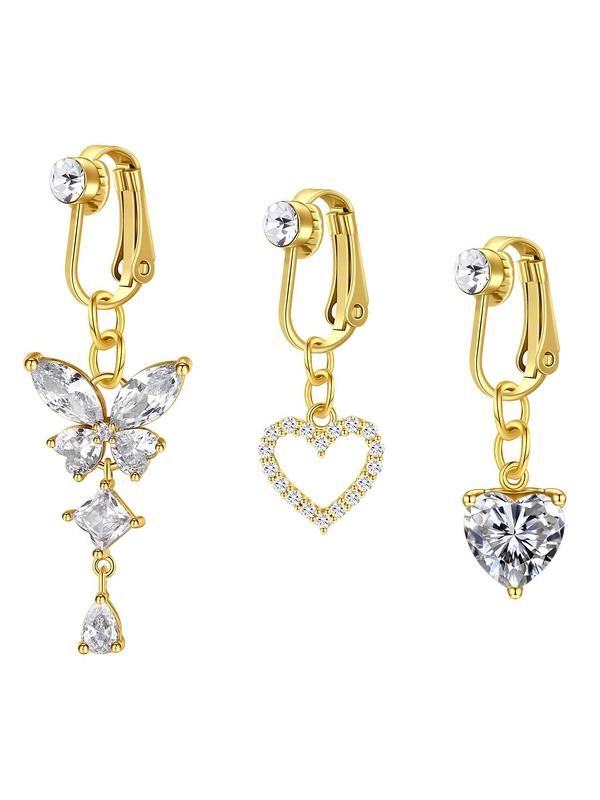 Women's Cute Rhinestone Decor Fake Belly Rings, 3pcs set Butterfly & Heart Design Belly Jewelry without Piercing, Fashionable Body Jewelry for Women & Girls As Birthday Gift