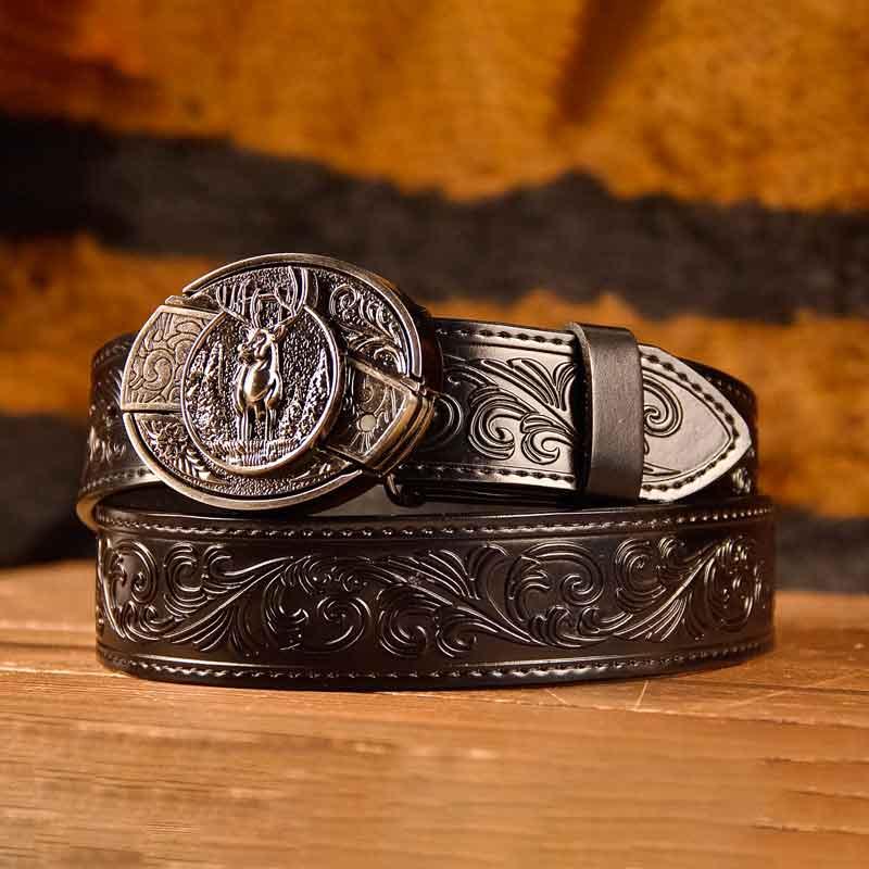 Western Black Leather Printed Belt and Oval removable western cowboy Buckle Costume Decoration