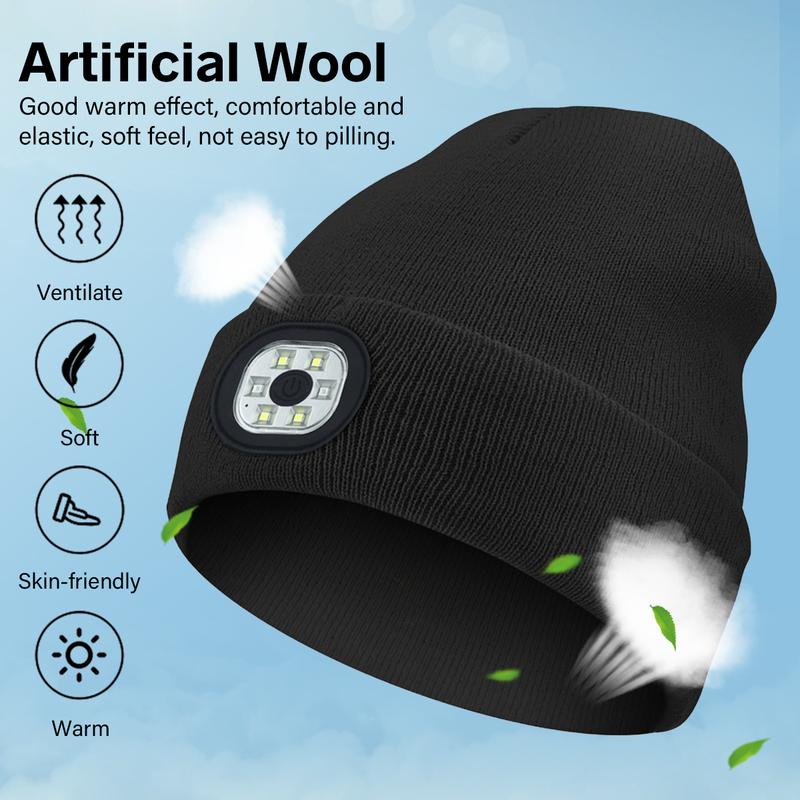 Bluetooth Hat, Beanie Hat with Light, Unisex USB Rechargeable Headlamp Winter Knitted Cap Gifts for Men Dad Husband Him, Black