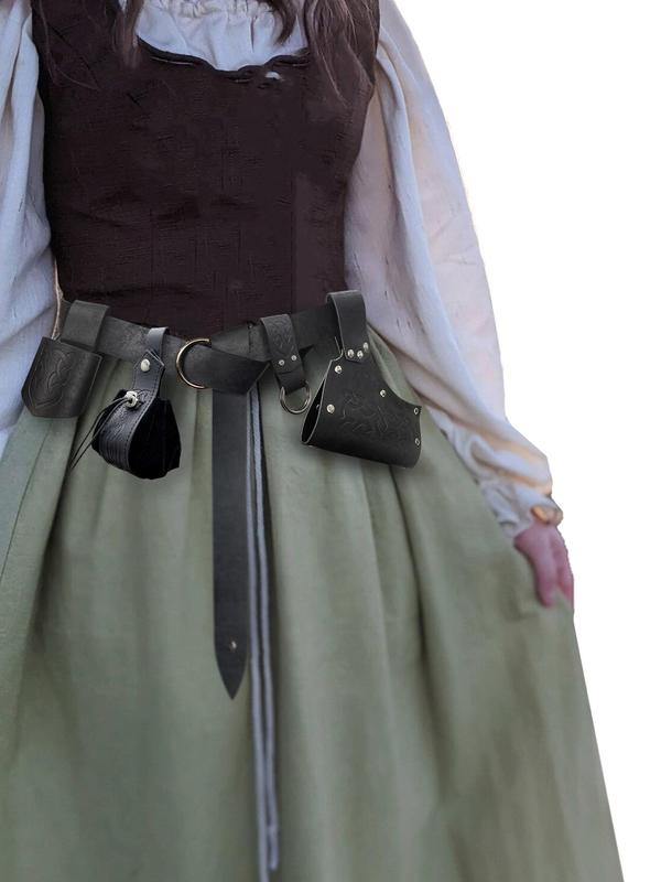 Set Of Accessories for Medieval Belt, Set Of 6 Pieces, Includes Skirt Clip, Designer Dagger Cover, Horn Cup Cover, Vintage Leather Belt, Small Bag for Ren Faire Event