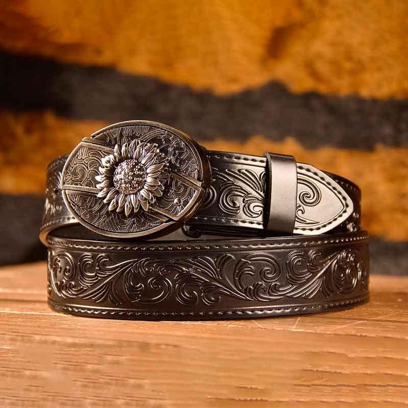 Western Black Leather Printed Belt and Oval removable western cowboy Buckle Costume Decoration