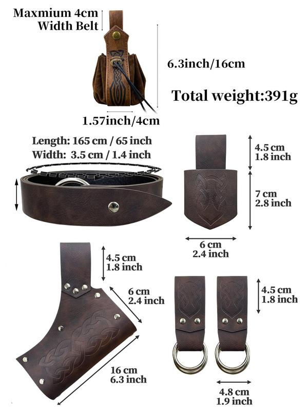 Set Of Accessories for Medieval Belt, Set Of 6 Pieces, Includes Skirt Clip, Designer Dagger Cover, Horn Cup Cover, Vintage Leather Belt, Small Bag for Ren Faire Event