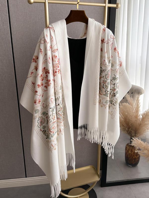 Floral Embroidery Tassel Decor Shawl, Boho Style Scarf for Women, Fashion Accessories for Fall & Winter