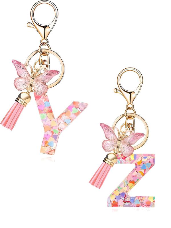 Initials Letter Design Keychain, Cute Butterfly & Tassel Decor Keychain for Women & Girls, Fashion Accessories for Bag & Car Key Decoration