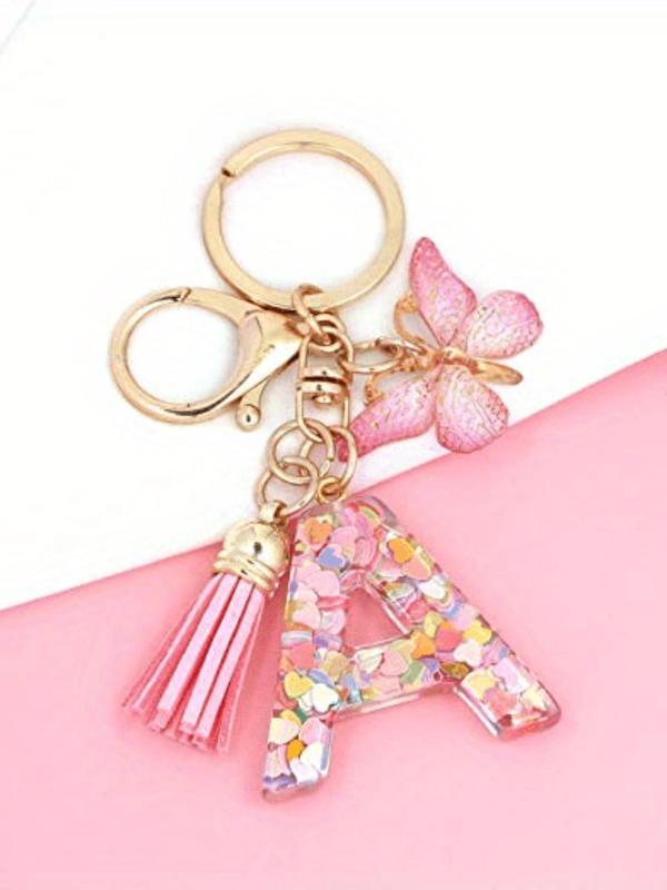 Initials Letter Design Keychain, Cute Butterfly & Tassel Decor Keychain for Women & Girls, Fashion Accessories for Bag & Car Key Decoration