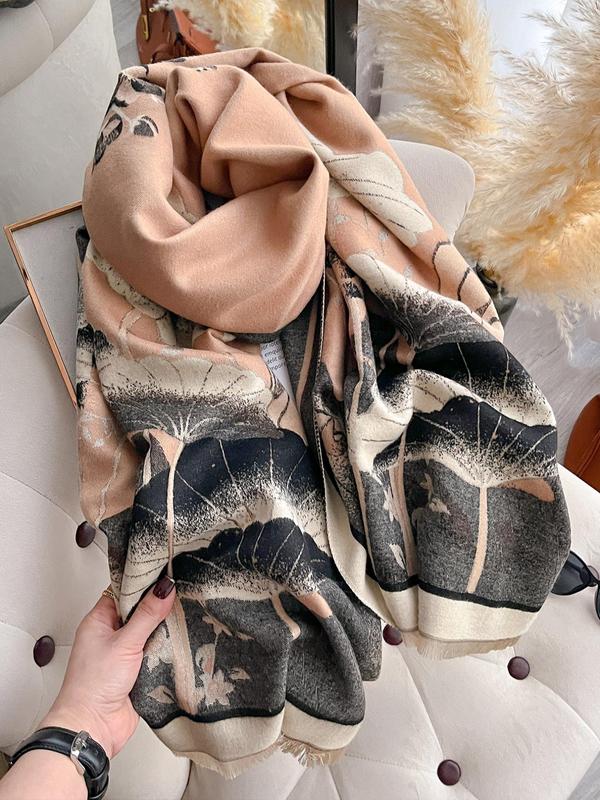 Women's Lotus Flowers & Leaves Pattern Thick Double-sided Shawl, Casual Soft Warm Scarf for Fall & Winter, Fashion Accessories for Women & Girls