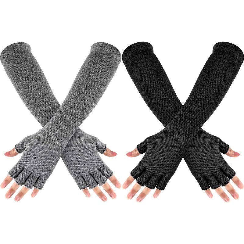 2 Pairs Winter Fingerless Gloves Long Thermal Knitted Mittens Stretchy Arm Warmers Half Finger Gloves for Men Women, 11 Inch