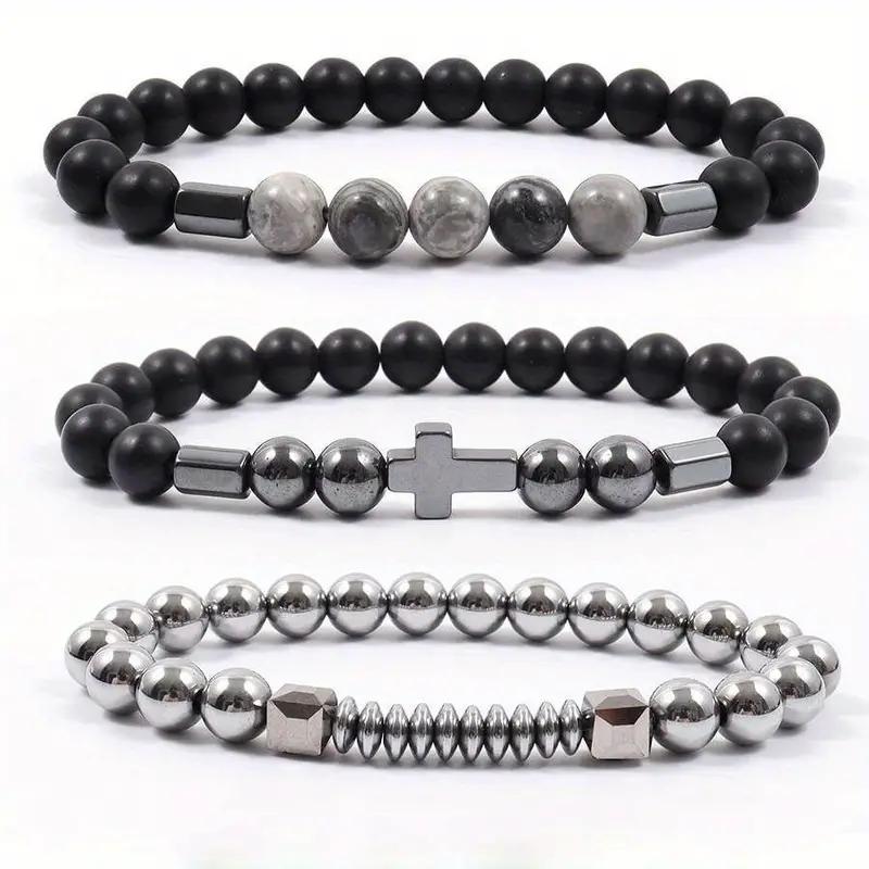 Sports Bracelet 1 set Classic Cross Pendant Matte Bead for Men Father Husband Cross Weight Dumbbell Bracelet Natural Stone Stainless Steel Bracelet