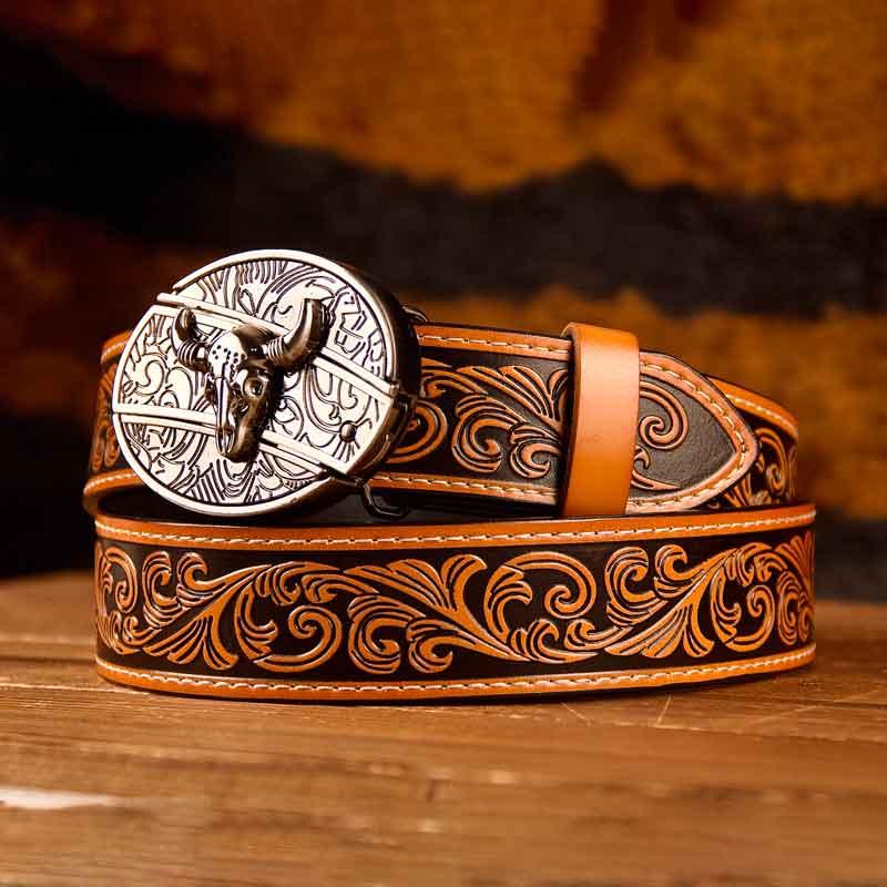 Brown Western Leather Printed Belt and Oval removable western cowboy Buckle Costume Decoration