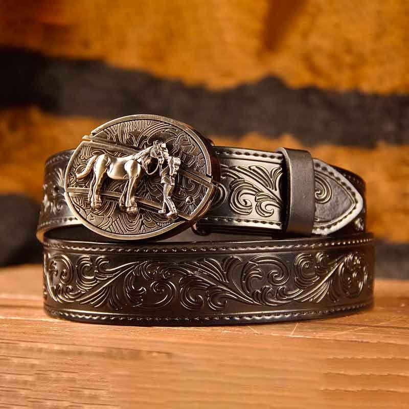 Western Black Leather Printed Belt and Oval removable western cowboy Buckle Costume Decoration