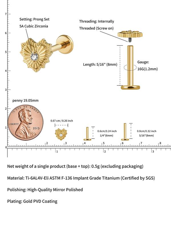 Astm F136 Titanium  Heart Piercing Jewelry for Conch, Tragus, Helix 16g 8mm, Hypoallergenic Flatback Stud