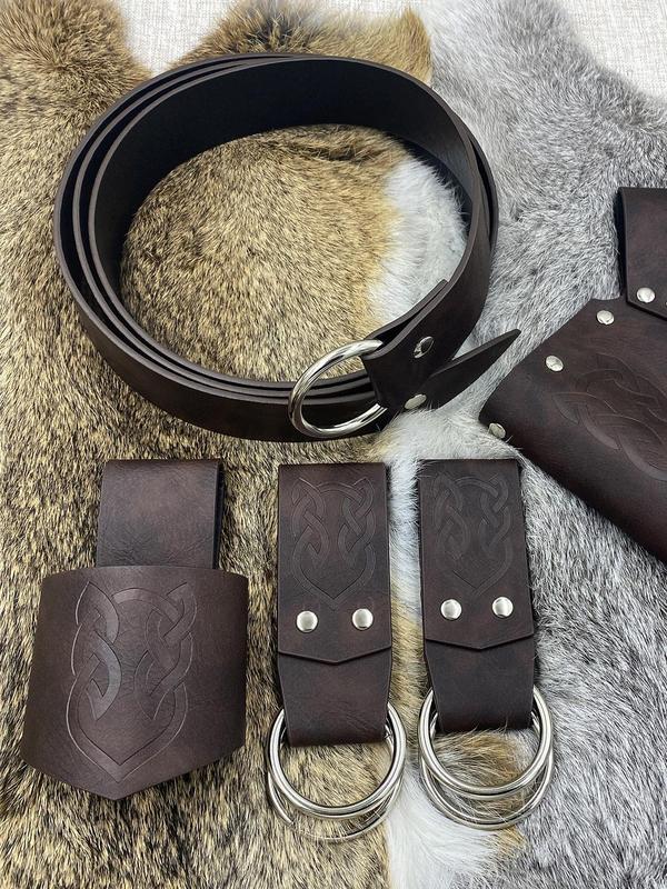 Set Of Accessories for Medieval Belt, Set Of 6 Pieces, Includes Skirt Clip, Designer Dagger Cover, Horn Cup Cover, Vintage Leather Belt, Small Bag for Ren Faire Event