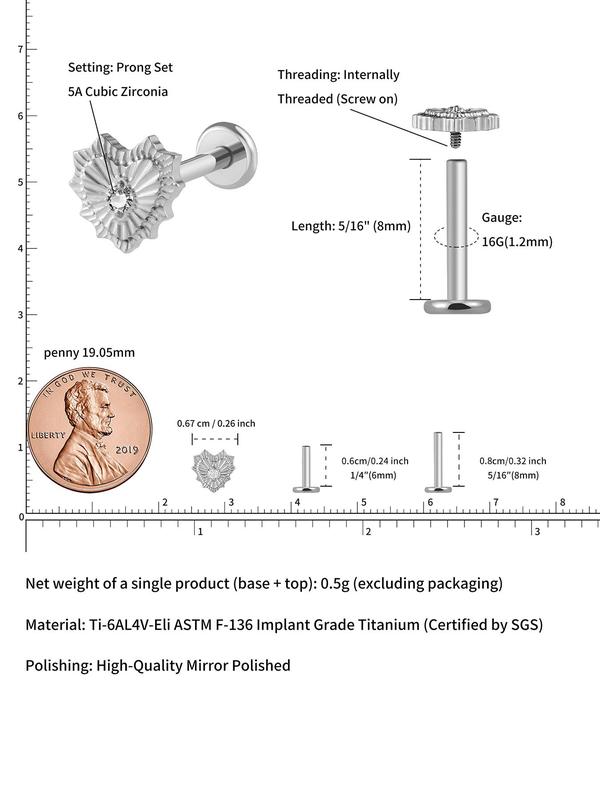 Astm F136 Titanium  Heart Piercing Jewelry for Conch, Tragus, Helix 16g 8mm, Hypoallergenic Flatback Stud