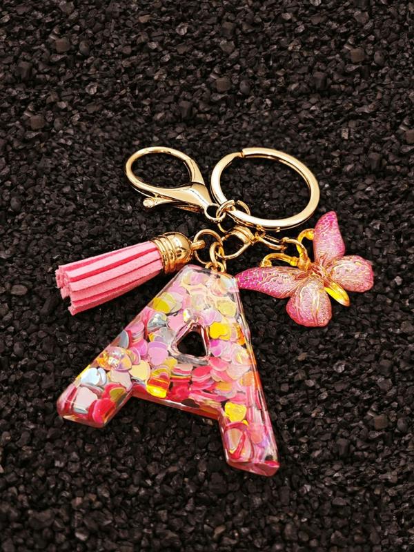 Initials Letter Design Keychain, Cute Butterfly & Tassel Decor Keychain for Women & Girls, Fashion Accessories for Bag & Car Key Decoration