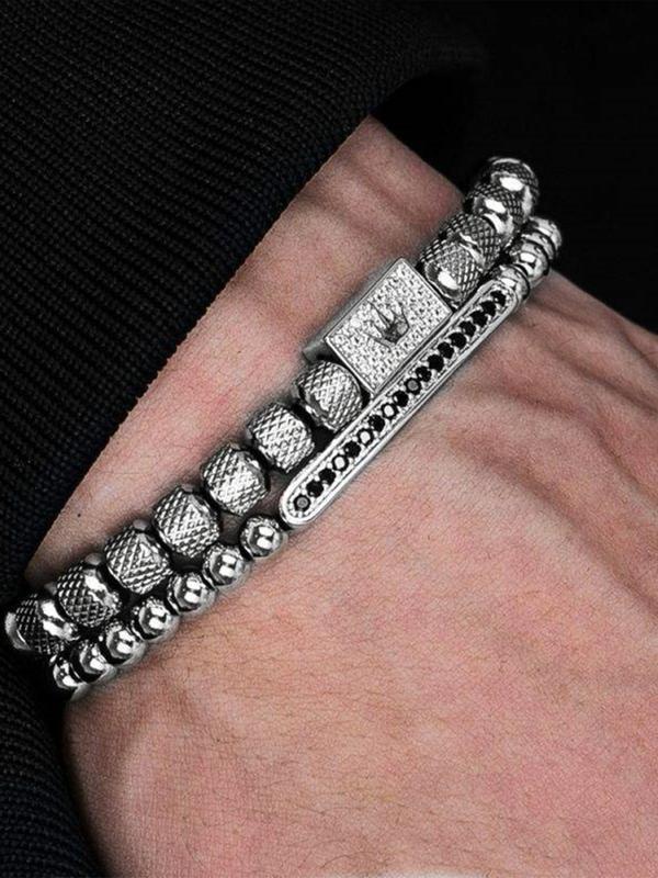 Men's Stainless Steel Beaded Bracelets Set, Crown Design Artificial Zircon Decor Adjustable Bracelet, Fashion Jewelry for Party, Daily Decor, Exquisite Jewelry for Birthday Gift, Men Accessories