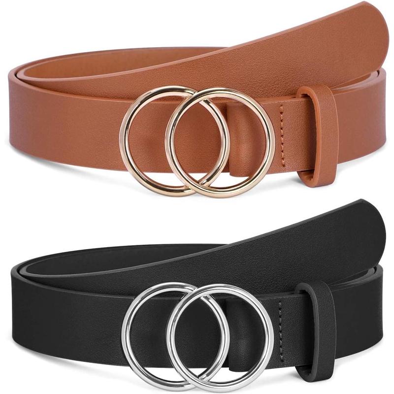 2 count Women Leather Belts Faux Leather Jeans Belt with Double O Ring Buckle