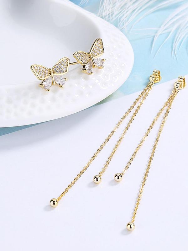 1 Pair Fashion Elegant Rhinestone Decorated Butterfly Design Tassel Dangle Earrings, Casual Jewelry for Party, Daily Clothing Decor