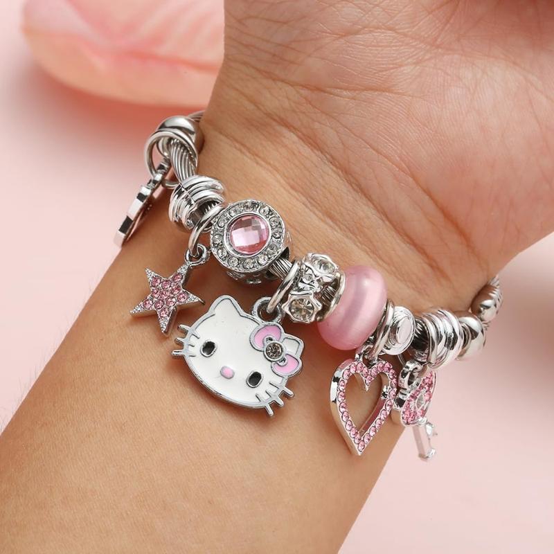 Kawaii Pink Bangle Bracelets with Jewelry Box, Adjustable Stainless Steel Bangle Bracelets Anime Cartoon Bracelet Gifts for Women Girls