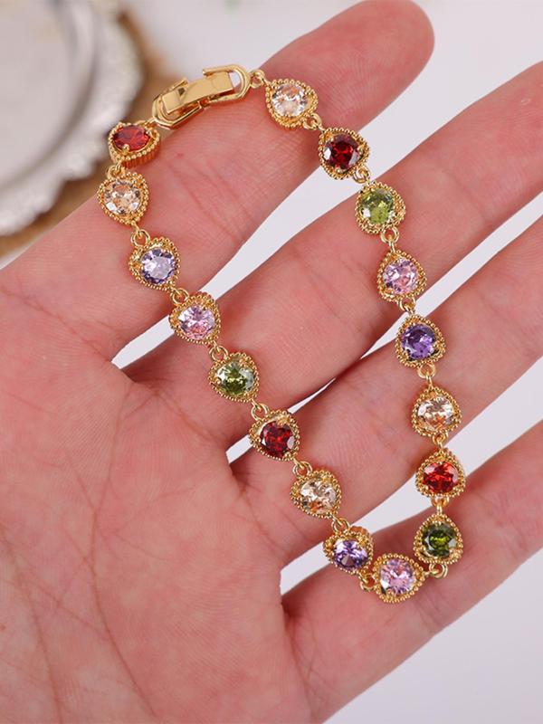 Women's Elegant Colorful Rhinestones Decor Matching Bracelet, Casual 2024 New Trendy Boho Style Bracelet with Heart Design for Daily Decoration, Gifts for Girlfriend