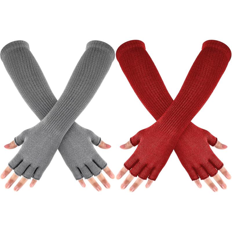 2 Pairs Winter Fingerless Gloves Long Thermal Knitted Mittens Stretchy Arm Warmers Half Finger Gloves for Men Women, 11 Inch